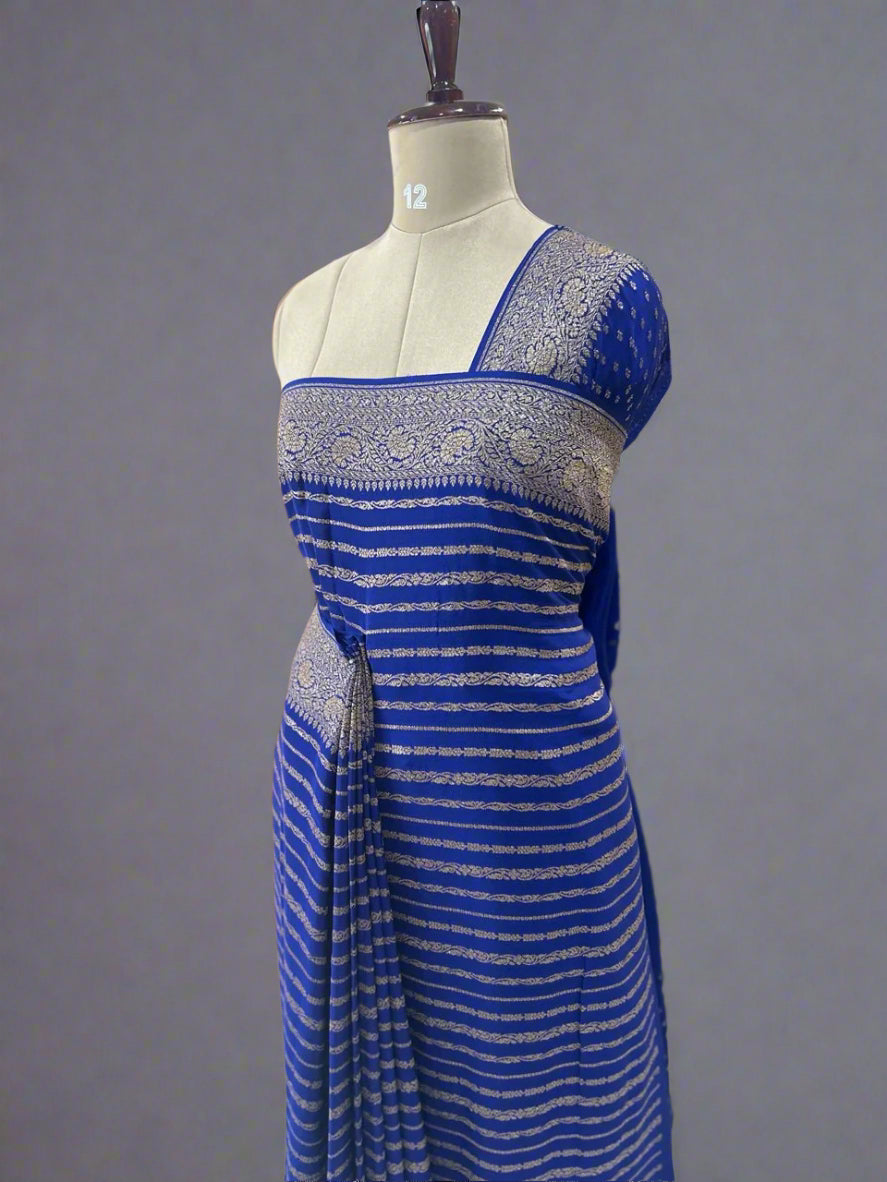 Blue stripes banarasi pure crepe saree