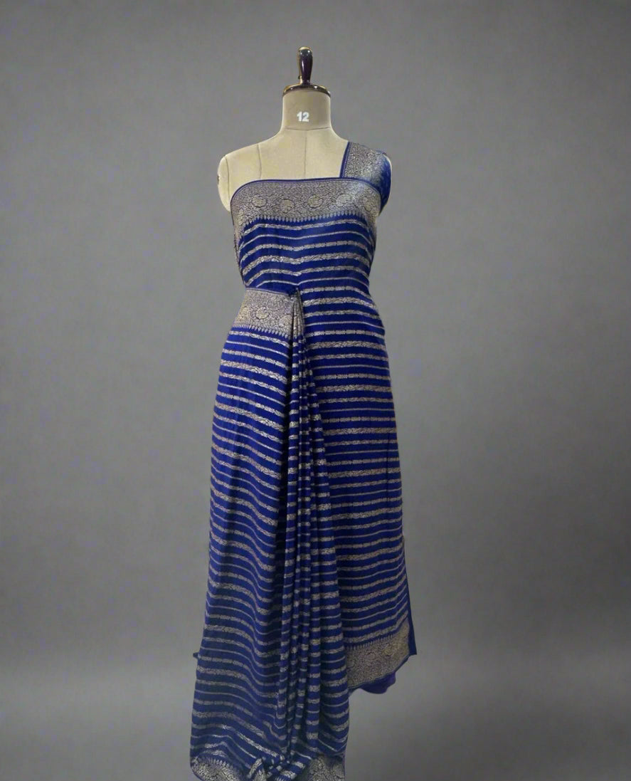 Blue stripes banarasi pure crepe saree