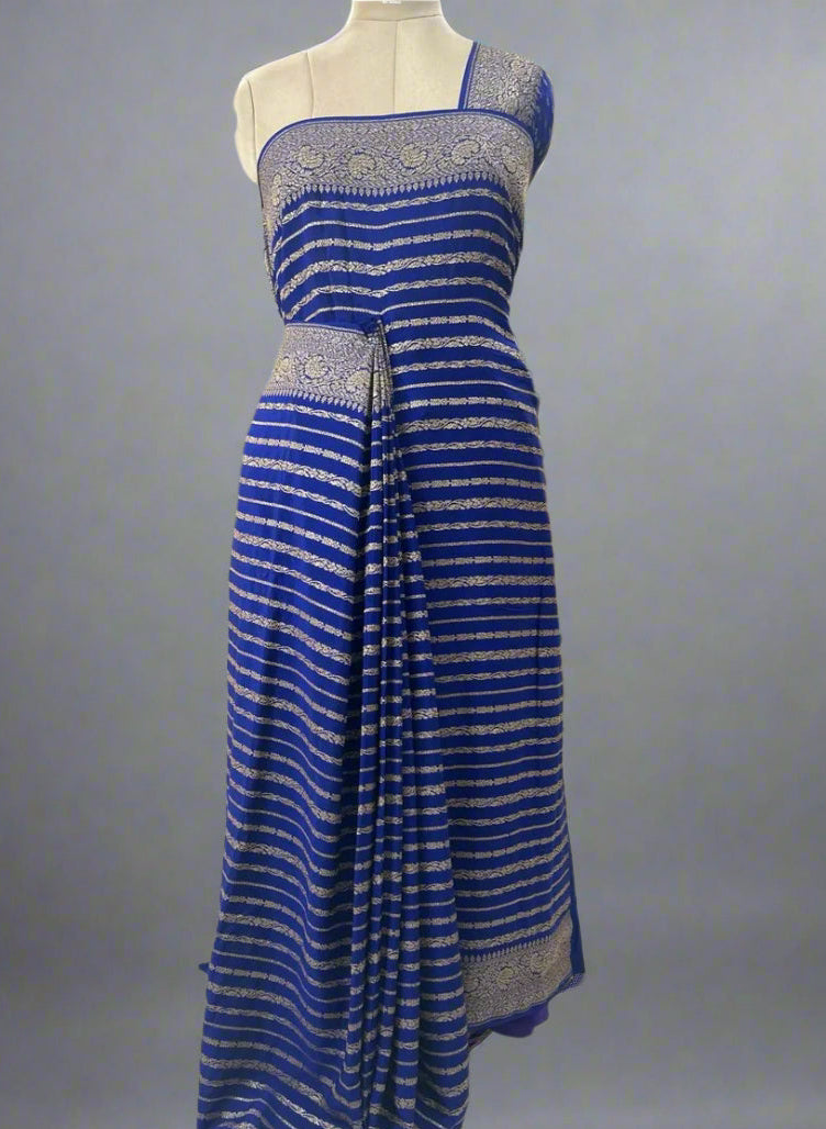 Blue stripes banarasi pure crepe saree
