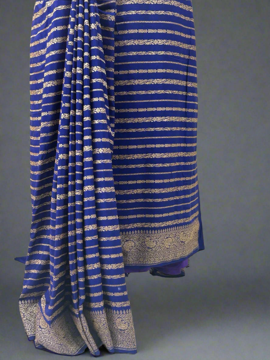 Blue stripes banarasi pure crepe saree