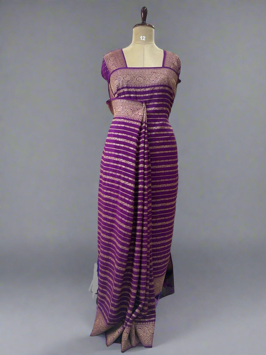 Purple stripes banarasi pure crepe saree