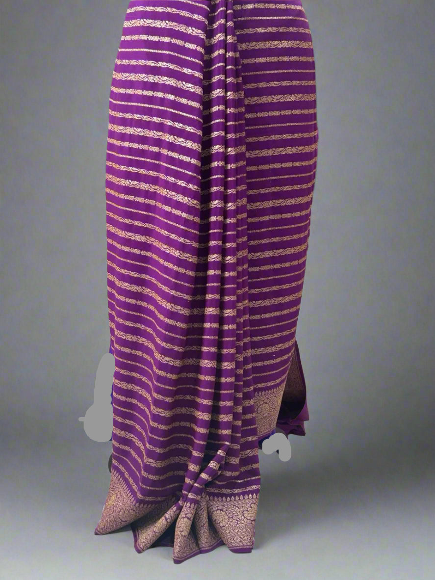 Purple stripes banarasi pure crepe saree