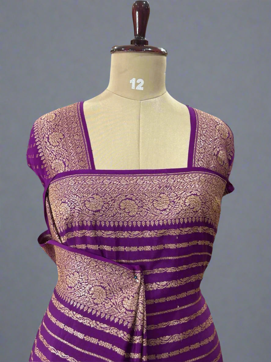 Purple stripes banarasi pure crepe saree
