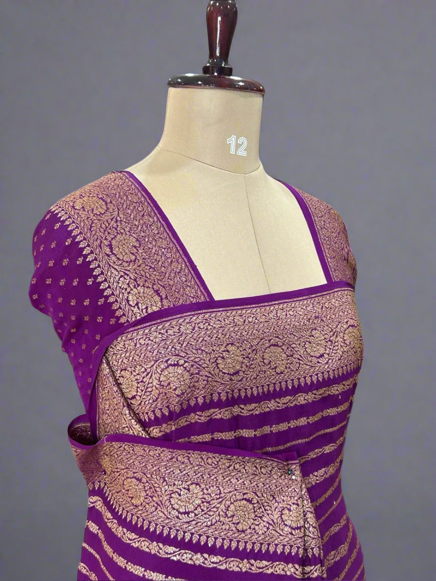 Purple stripes banarasi pure crepe saree