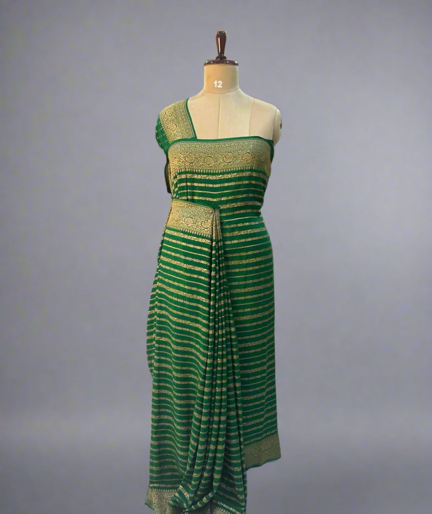 Green stripes banarasi pure crepe saree
