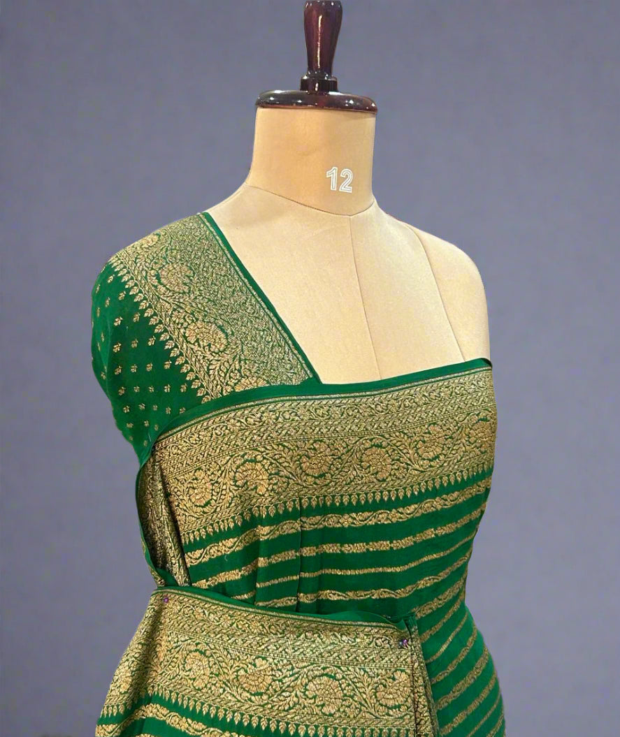 Green stripes banarasi pure crepe saree