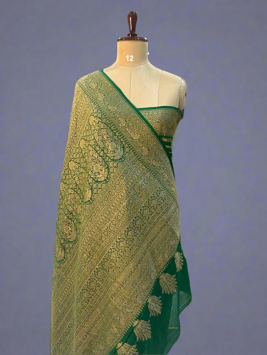 Green stripes banarasi pure crepe saree