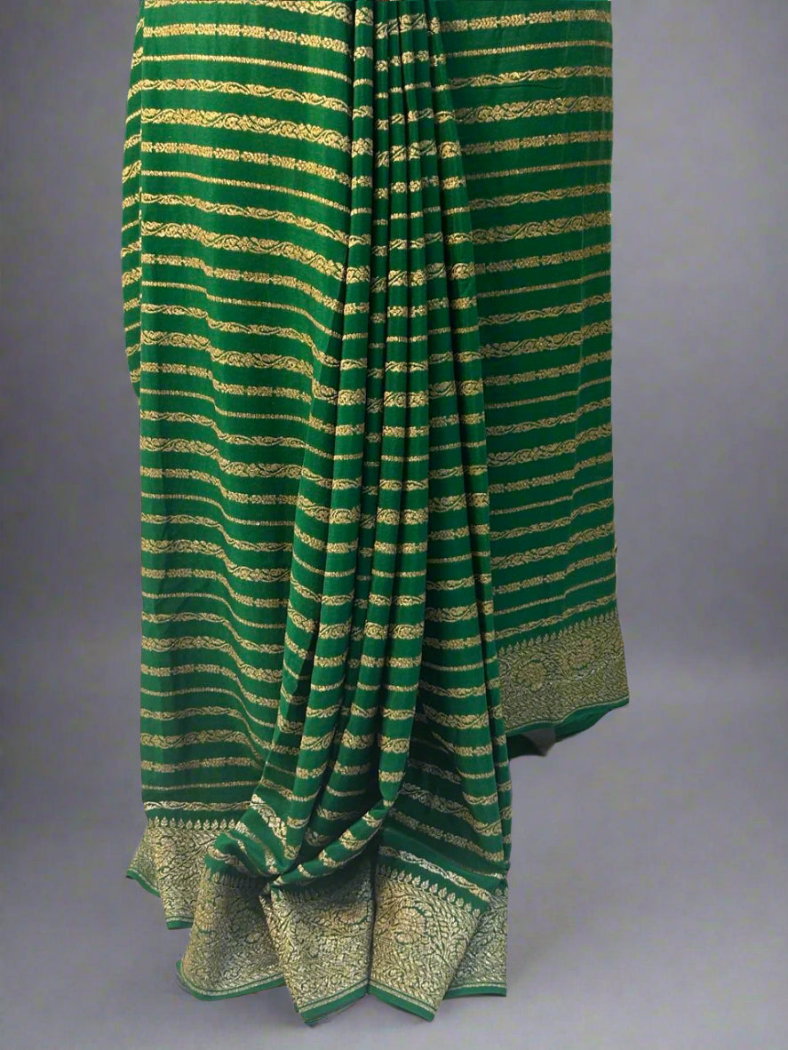 Green stripes banarasi pure crepe saree