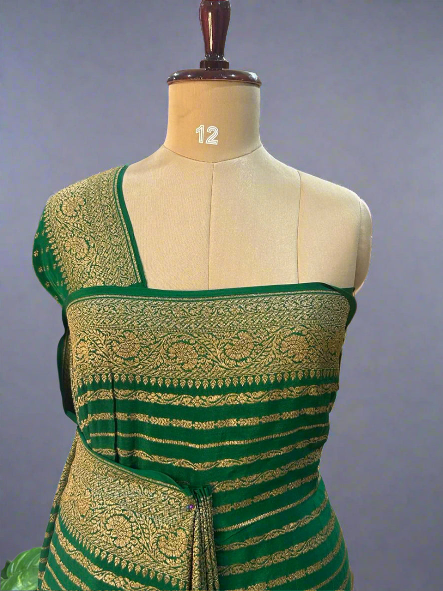 Green stripes banarasi pure crepe saree