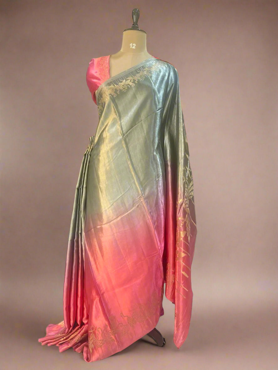 Multicolour satin crepe flamingo border saree