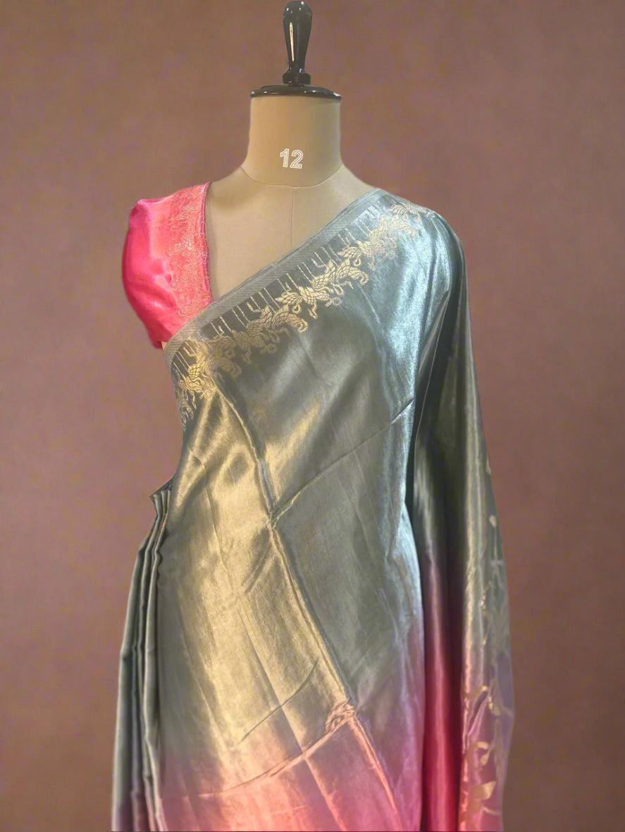 Multicolour satin crepe flamingo border saree
