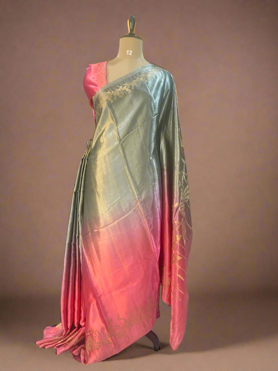 Multicolour satin crepe flamingo border saree