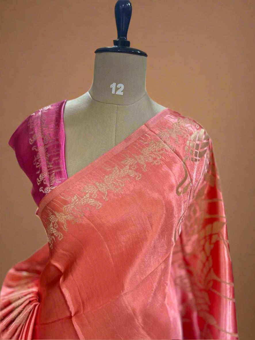 Multicolour satin crepe flamingo border saree