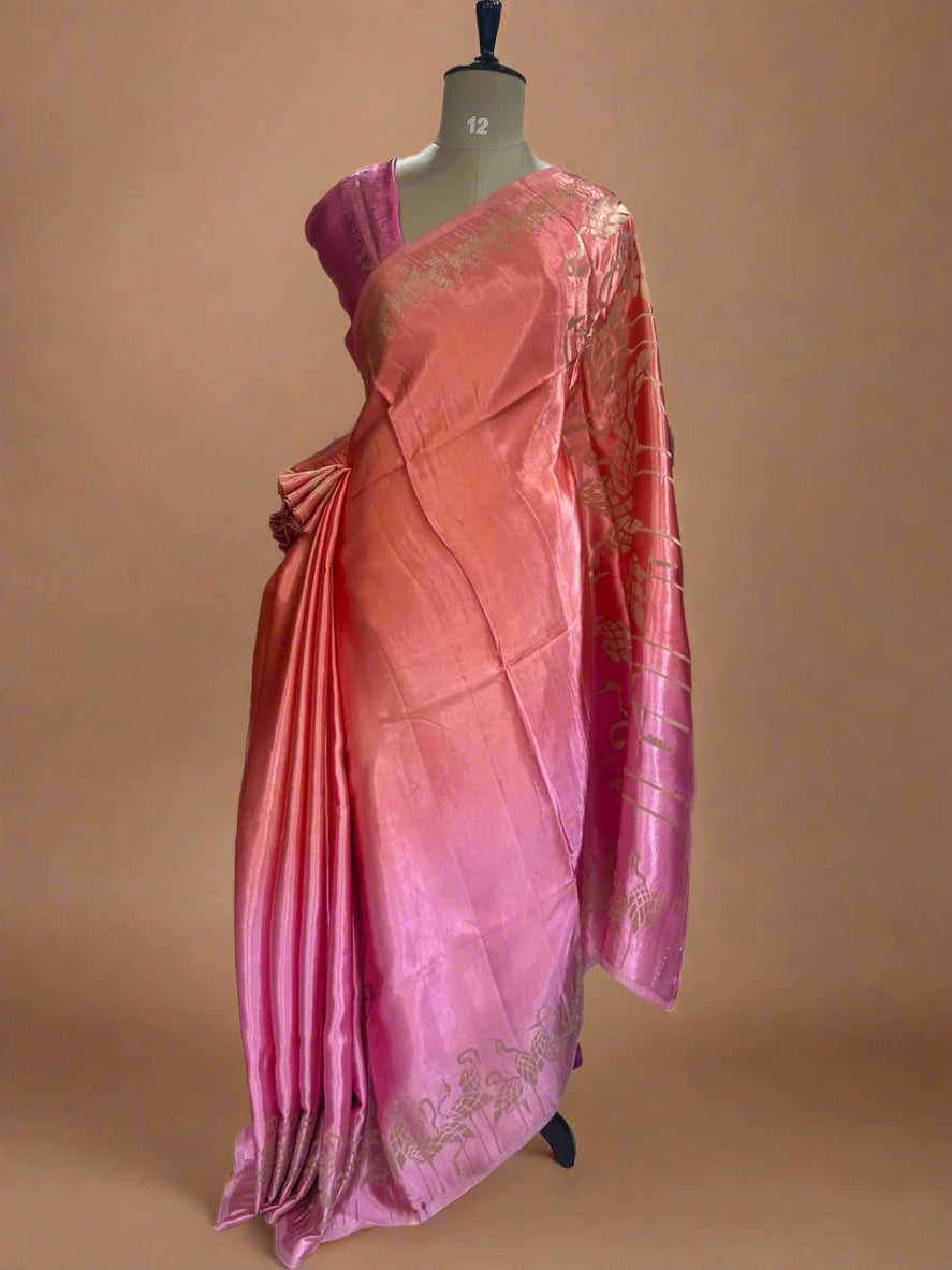 Multicolour satin crepe flamingo border saree