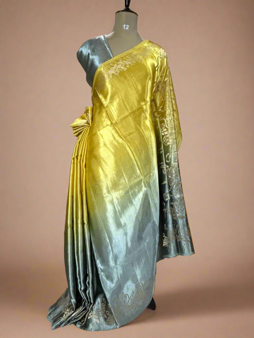 Multicolour satin crepe flamingo border saree