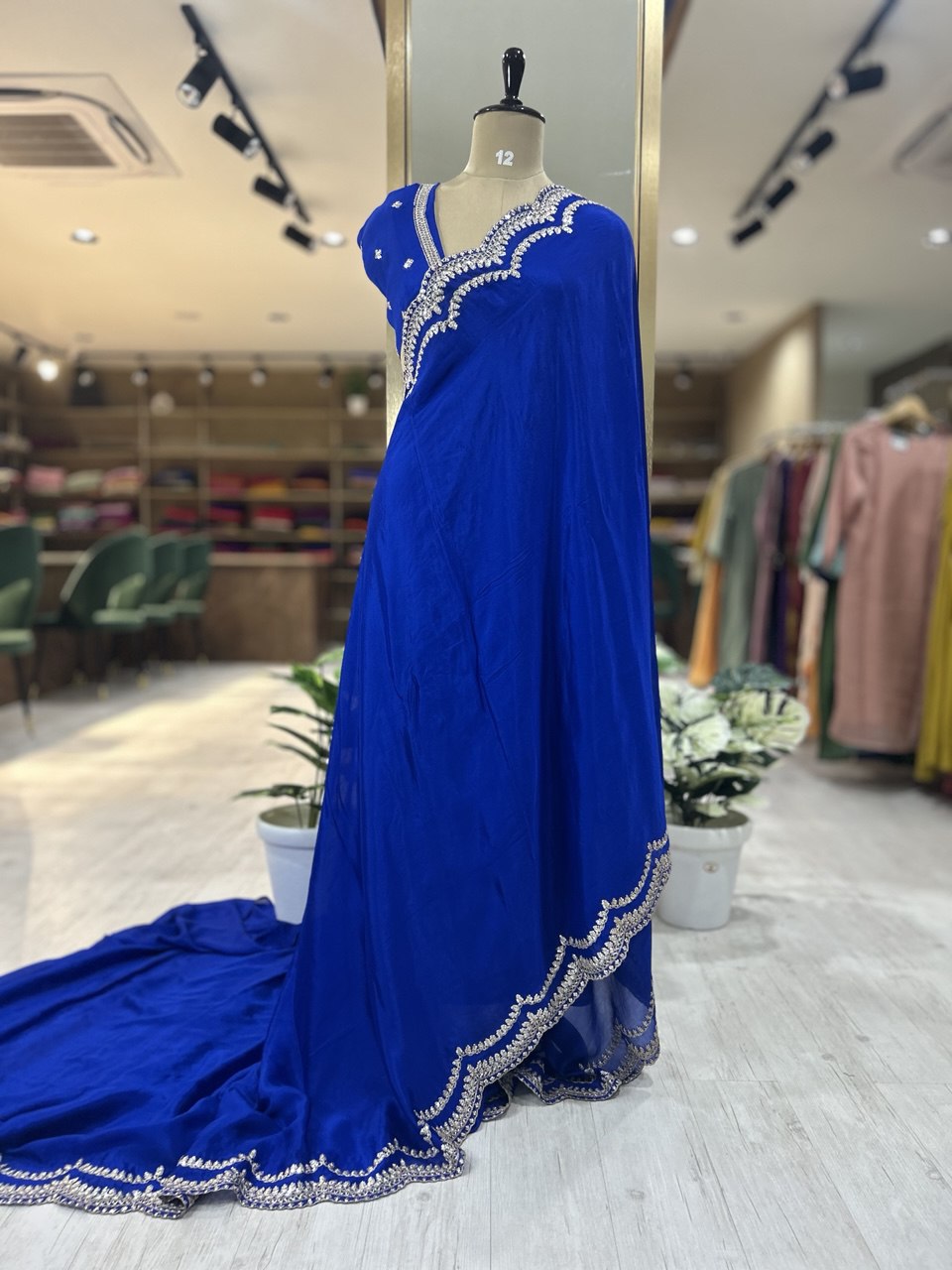Royal blue scallop border chinon party wear-08 saree