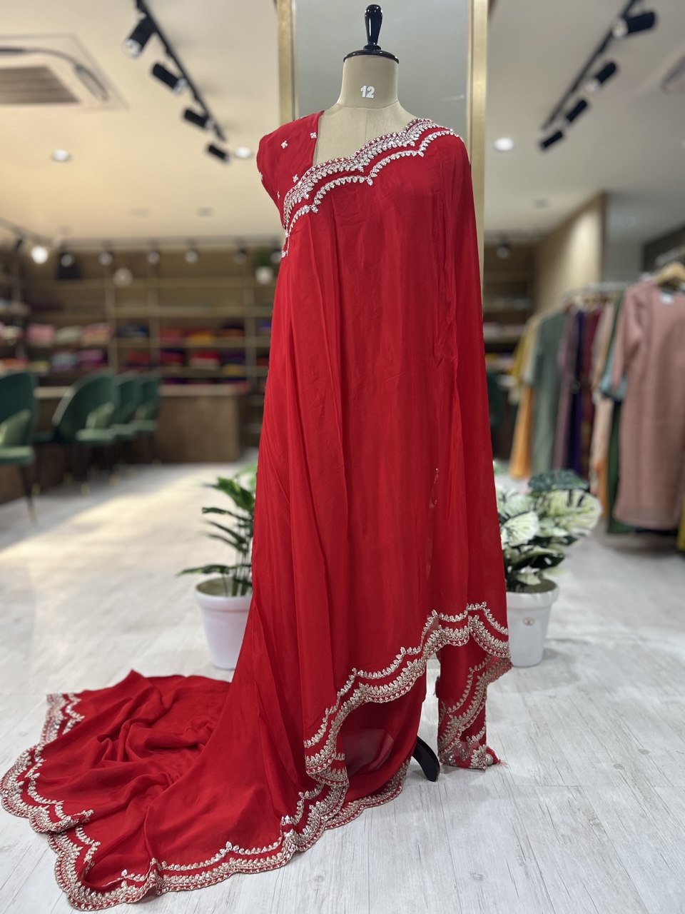 Red scallop border chinon party wear-08 saree