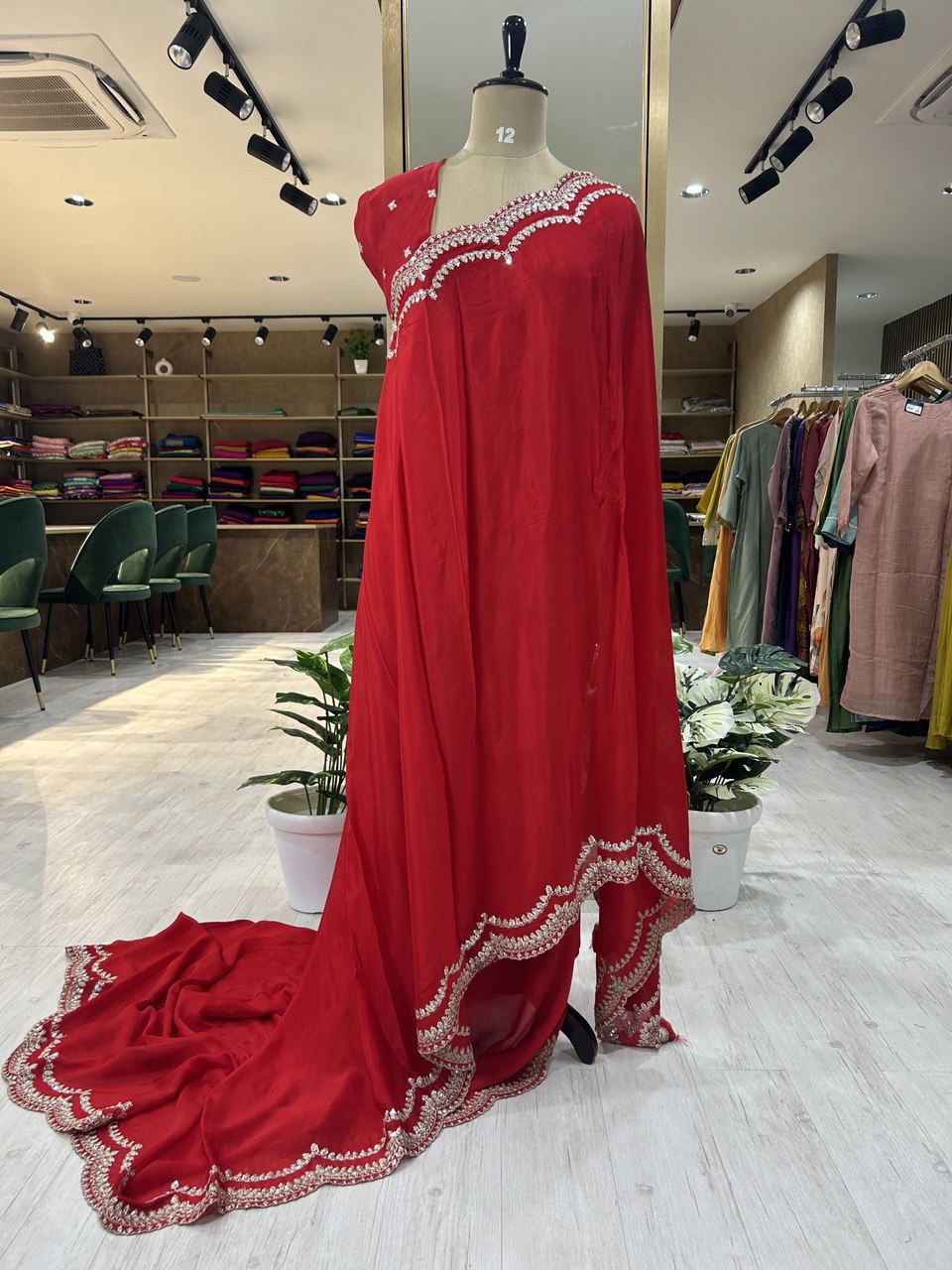 Red scallop border chinon party wear-08 saree