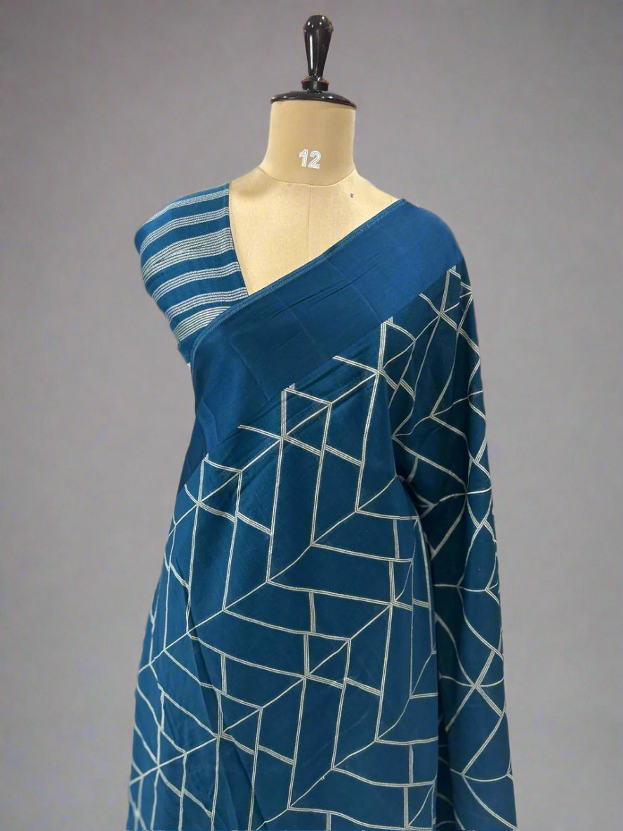 Peacock blue georgette geometric weaving saree