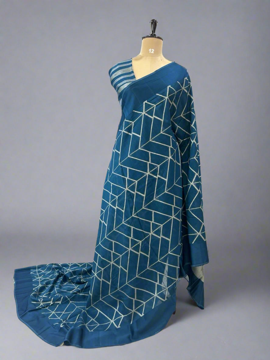 Peacock blue georgette geometric weaving saree