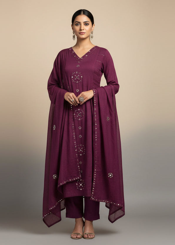 Purple Cotton Anarkali Mirror Work Kurtha 643