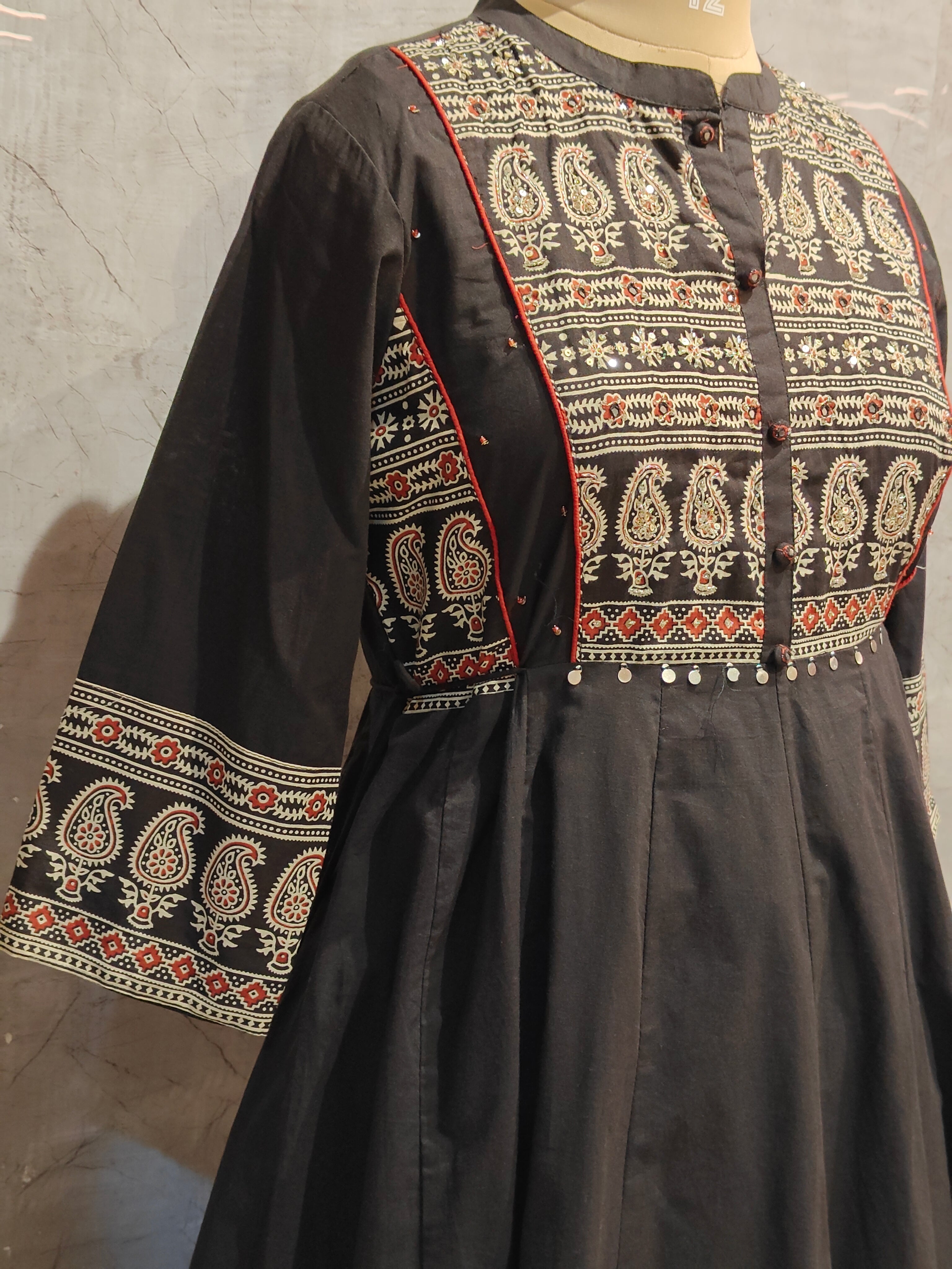 Black Cotton Kalamkari print Anarkali Kurtha 389