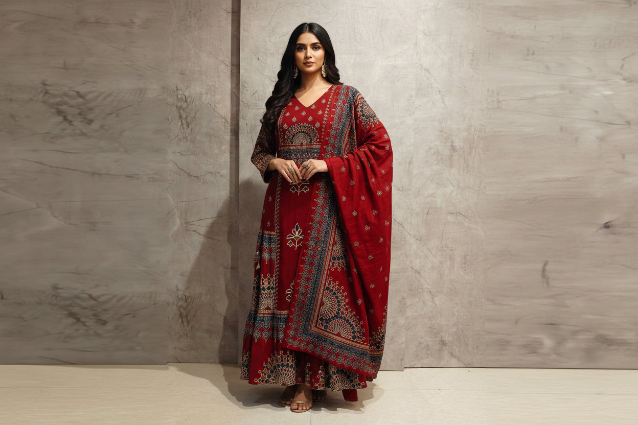 Maroon mul Cotton Anarkali Kurtha