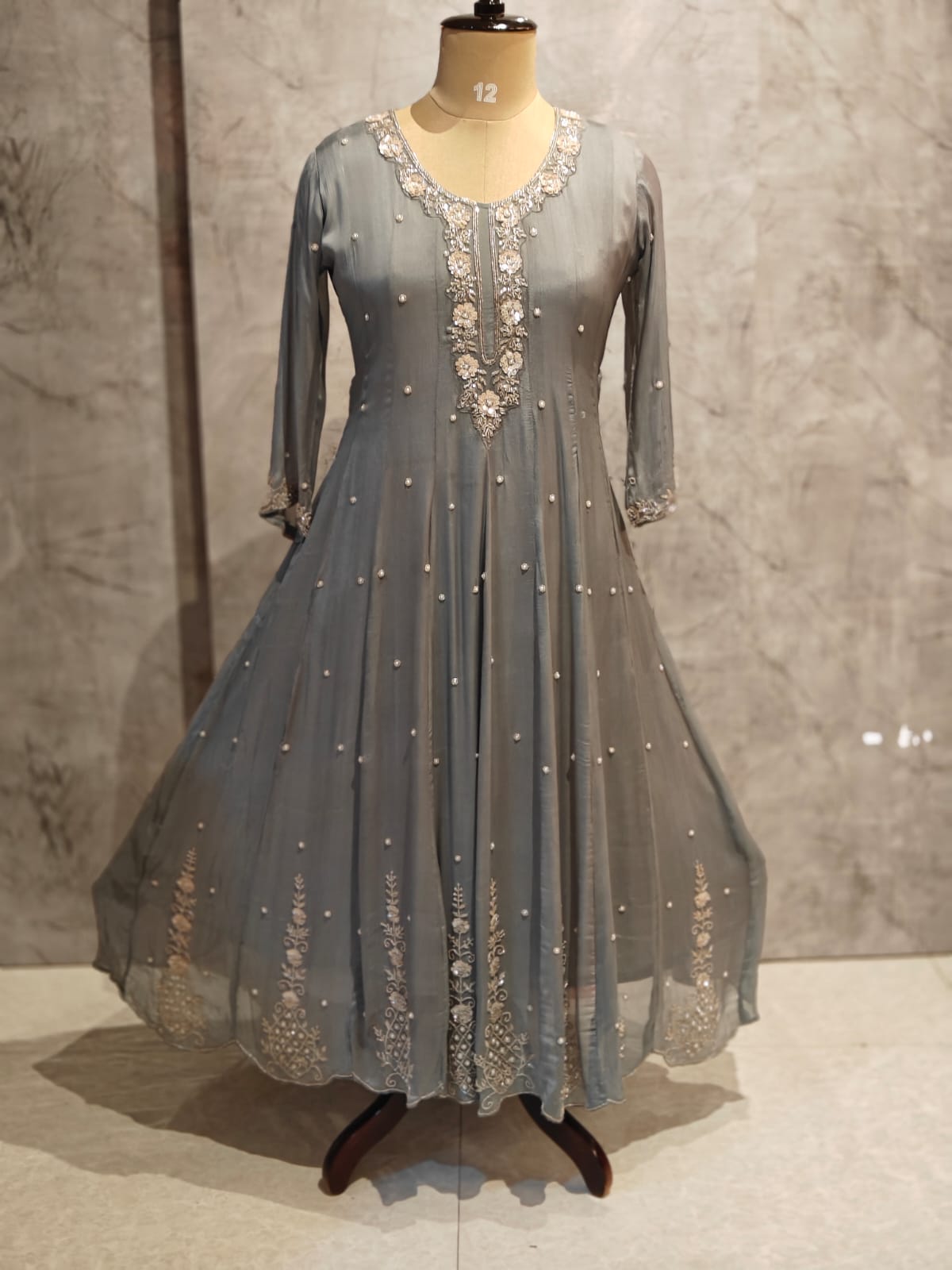 Grey Anarkali Chinnon Hand Embroidery Kurtha 567