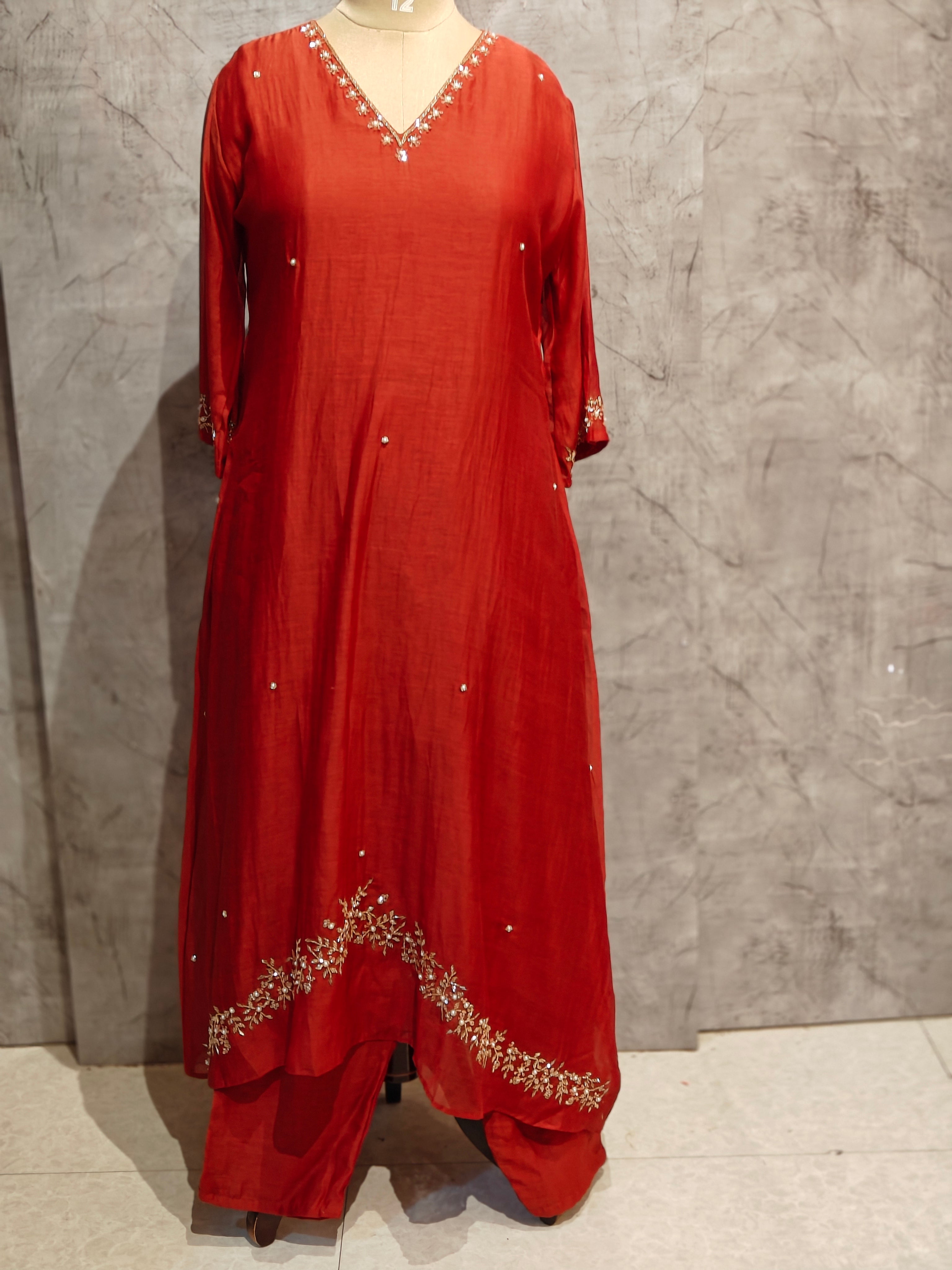 Orange Mul Chanderi Hand Embroidery Anarkali Kurtha 690