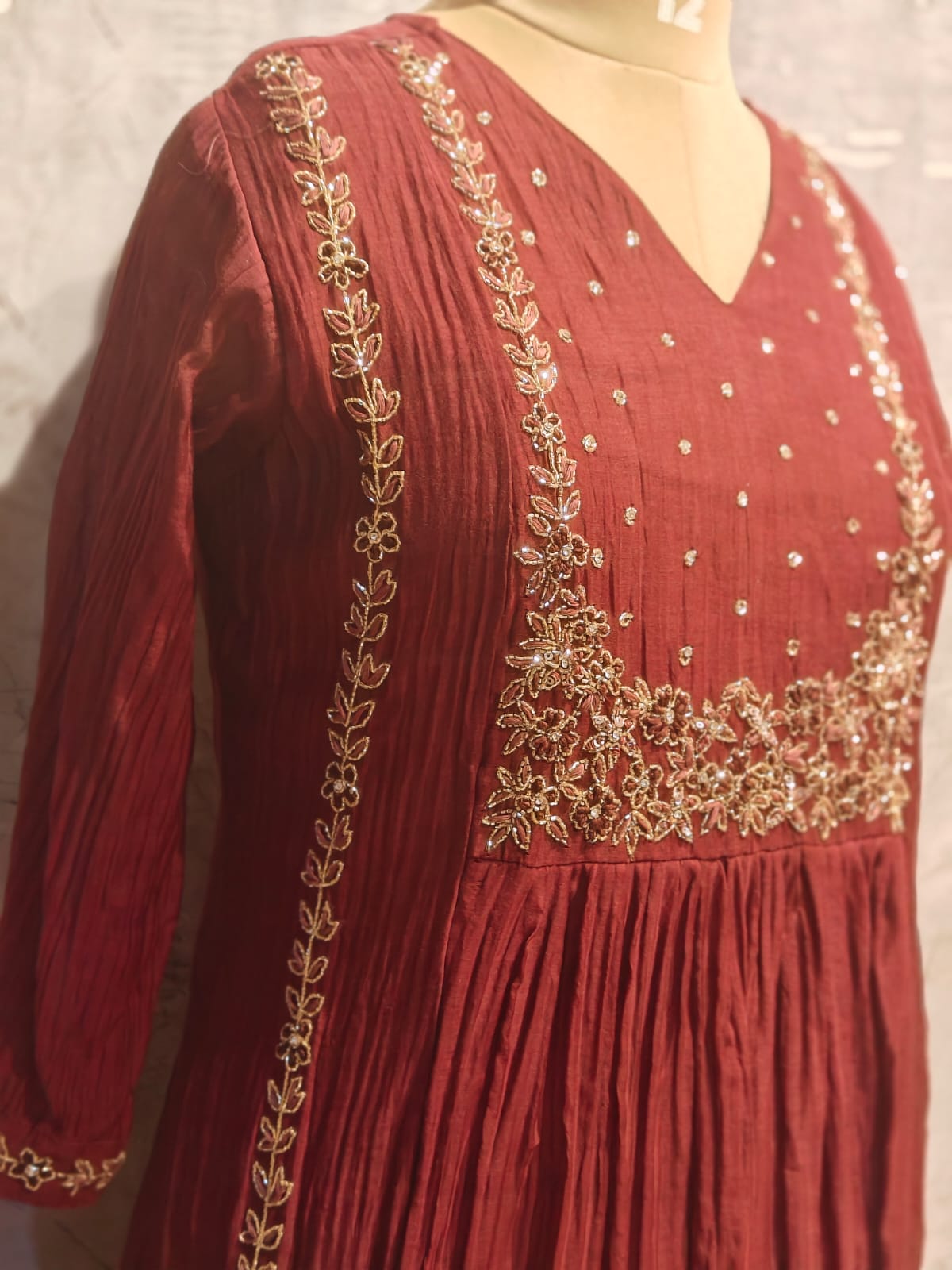 “Pani" Brown Mul Chanderi silk Kurtha suit with work hand embroidery 898