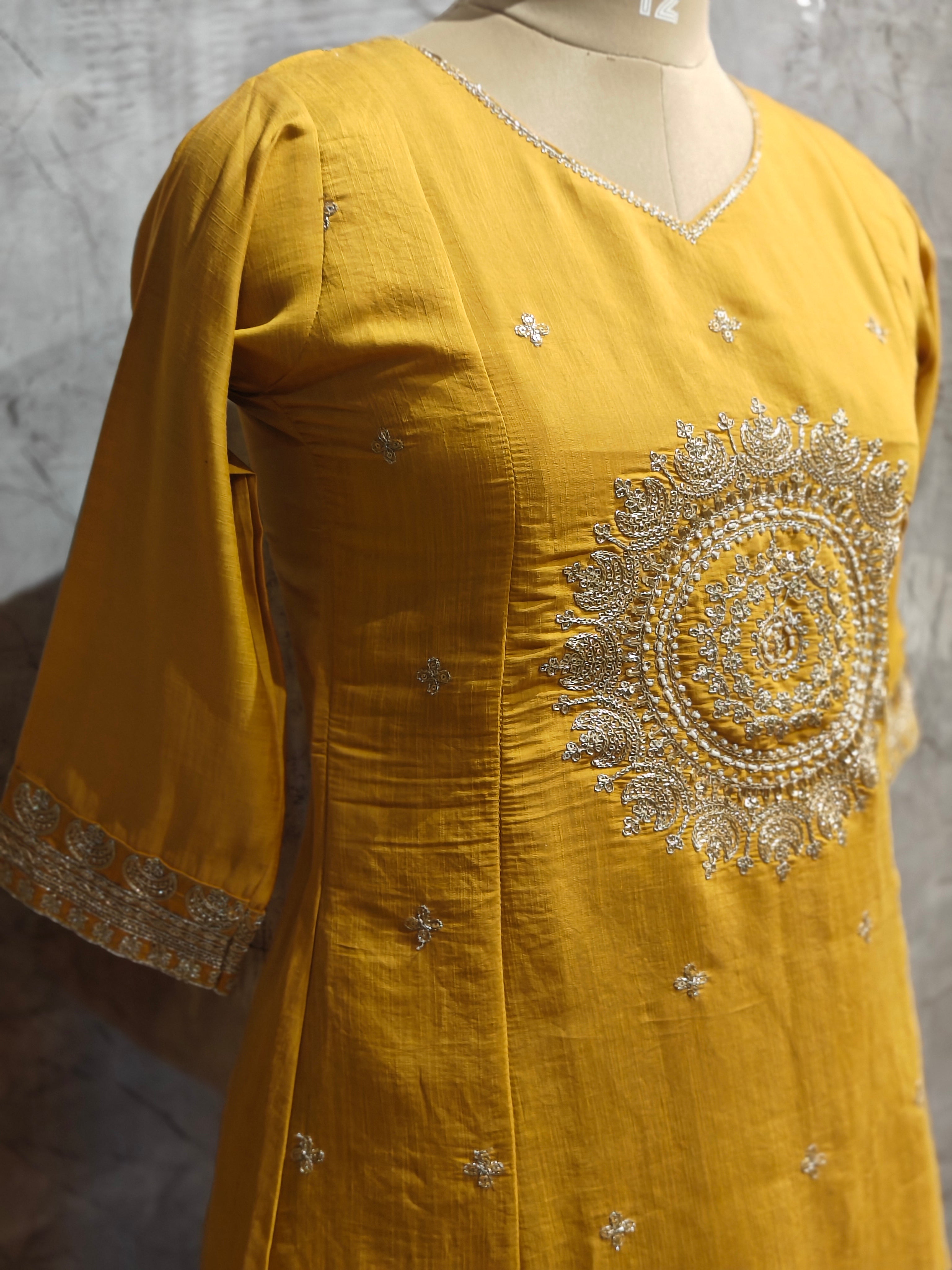 Yellow Mul Chanderi Anarkali Handwork Kurtha 126