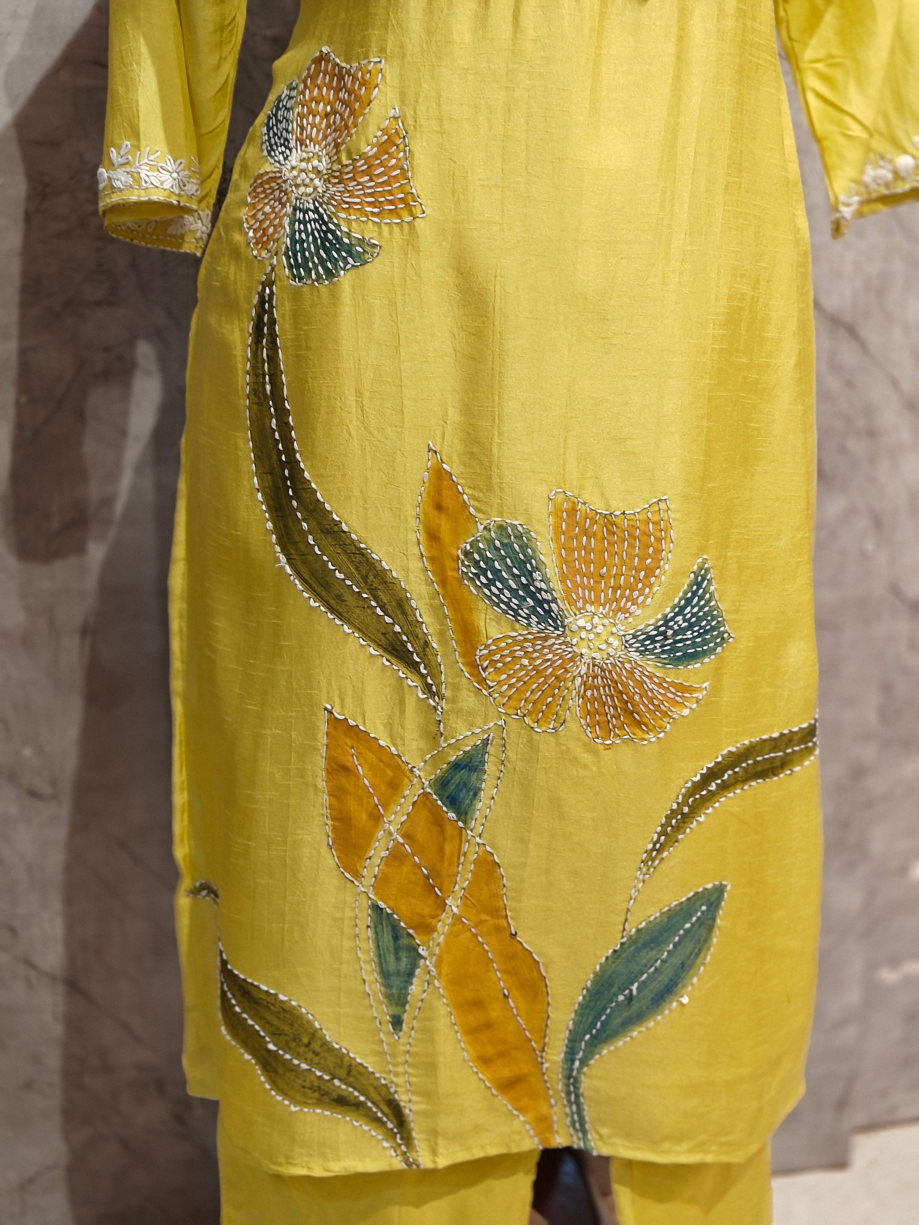 Yellow Dola Silk Thread Embroidery Kurtha 649