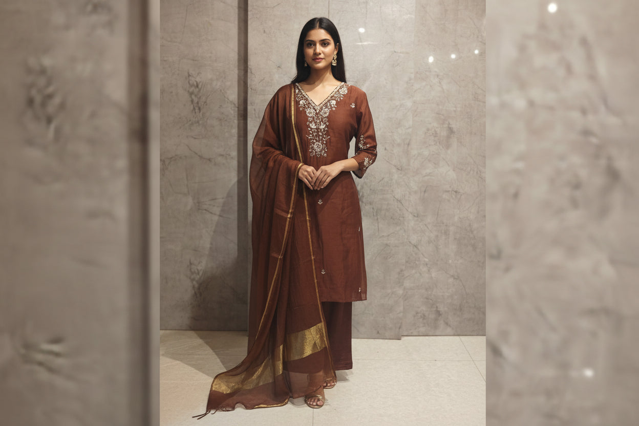 Brown Mul Chanderi Hand Embroidery Anarkali Kurtha 690