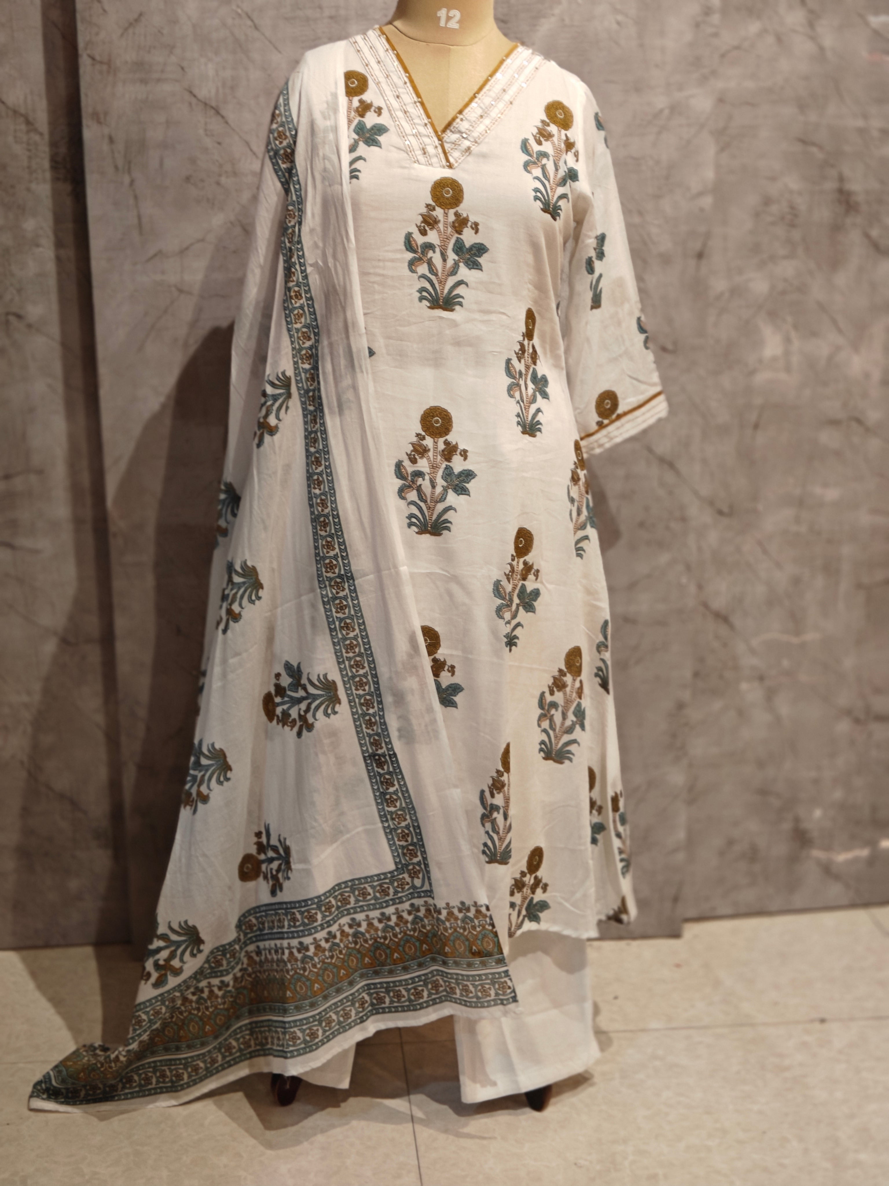 White Mul Cotton Kalamkari print Anarkali Kurtha 821