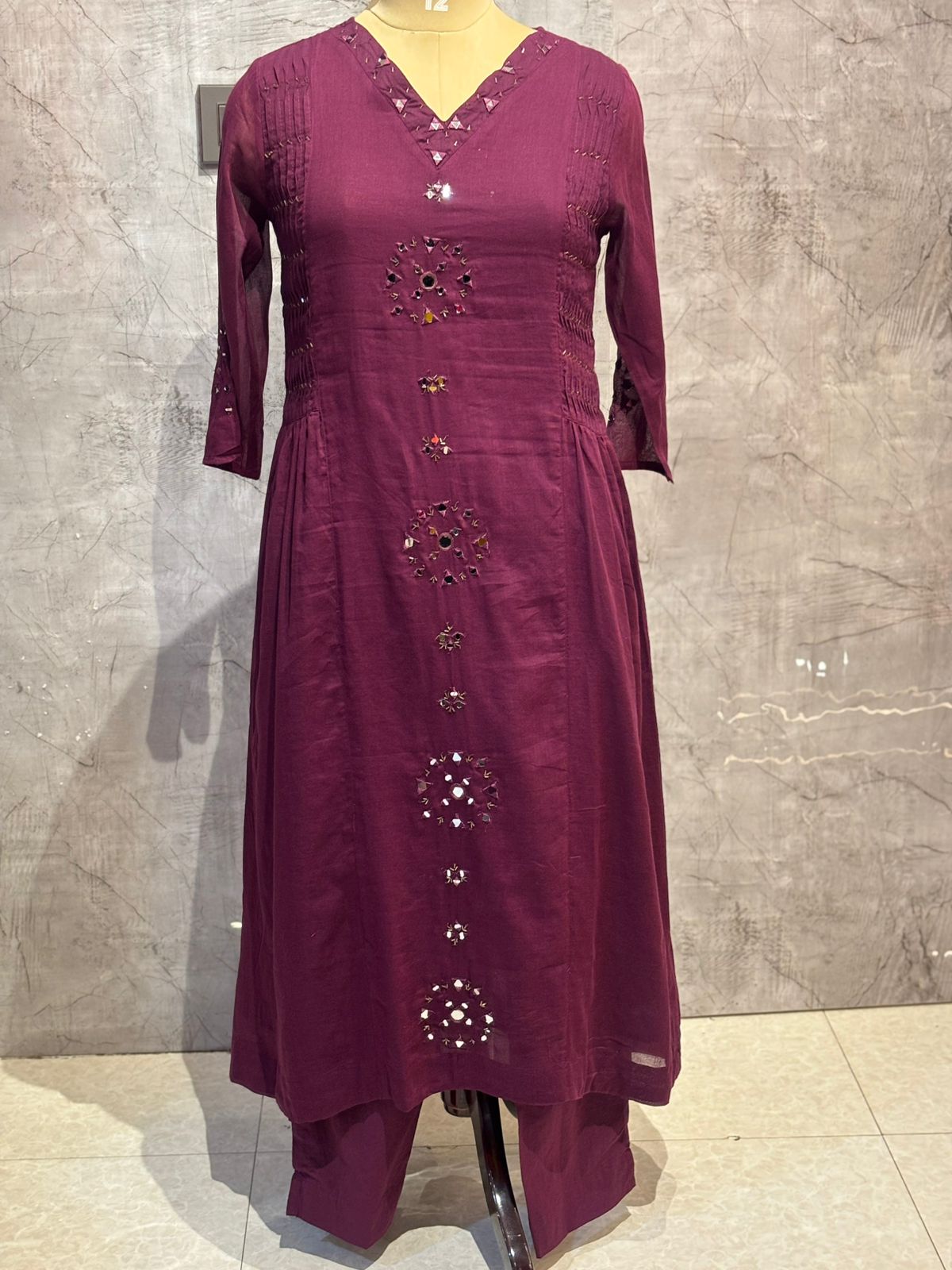 Purple Cotton Anarkali Mirror Work Kurtha 643