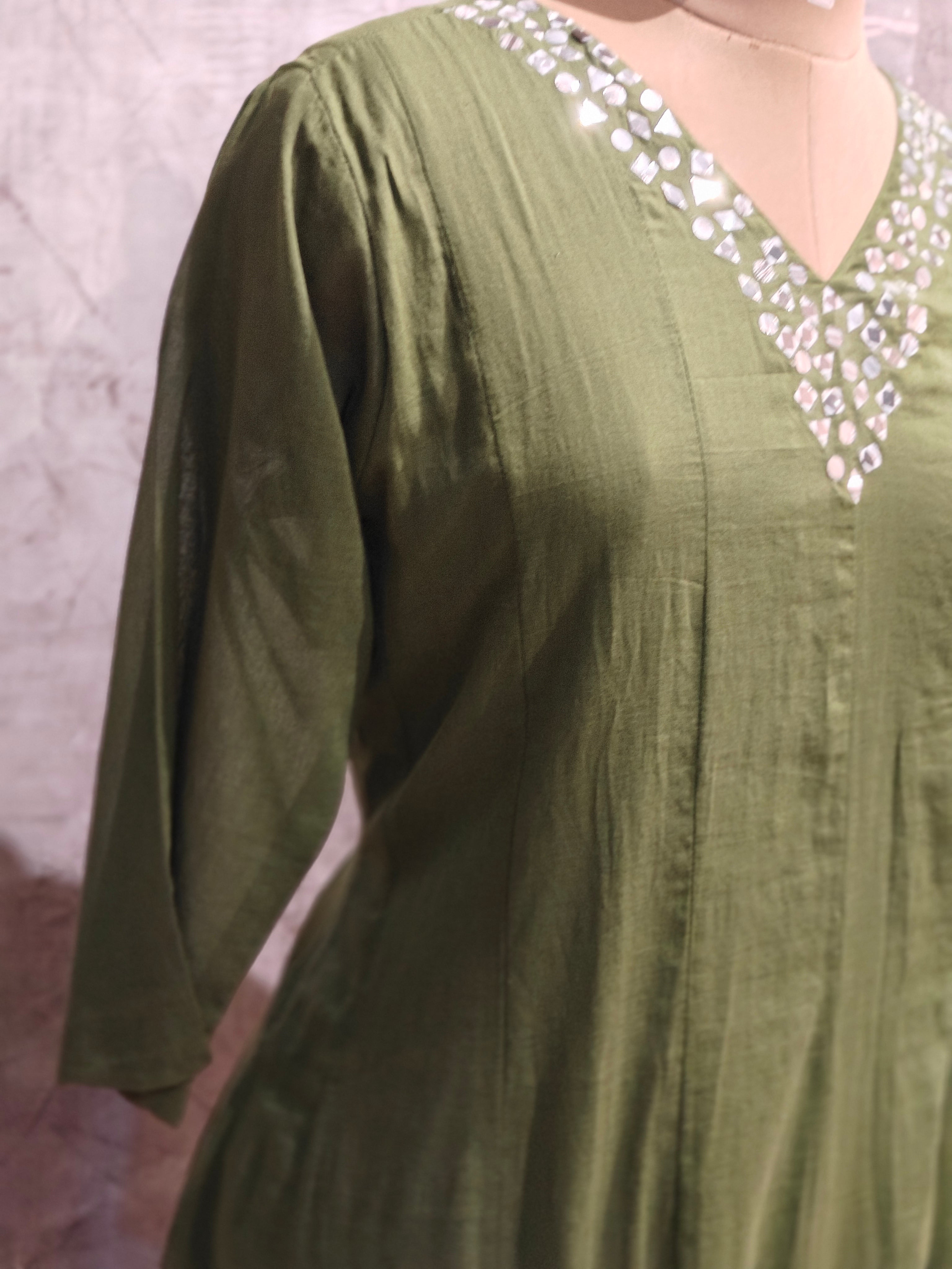 Green Mul Chanderilnd Embroidery Anarkali Kurtha 690