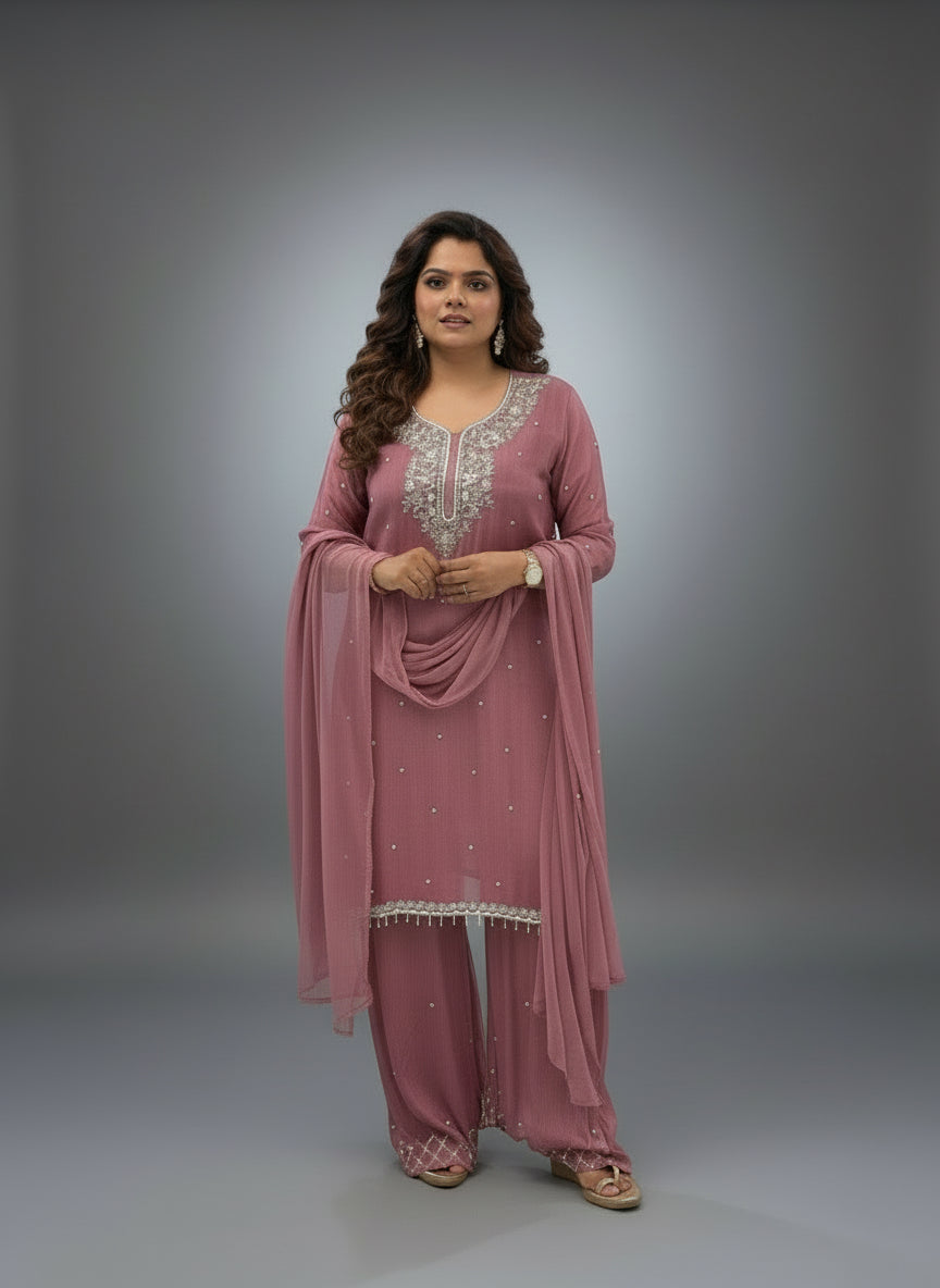 Onion pink Chinnon Hand Embroidery Sharara Kurtha 301