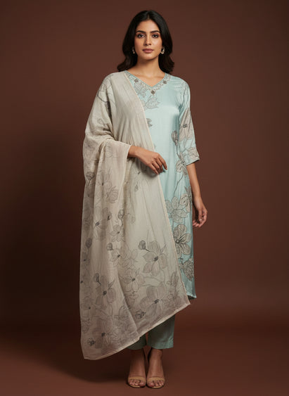 Blue Digital Print Handwork Crepe Kurtha 693