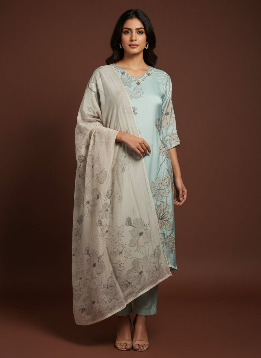 Blue Digital Print Handwork Crepe Kurtha 693