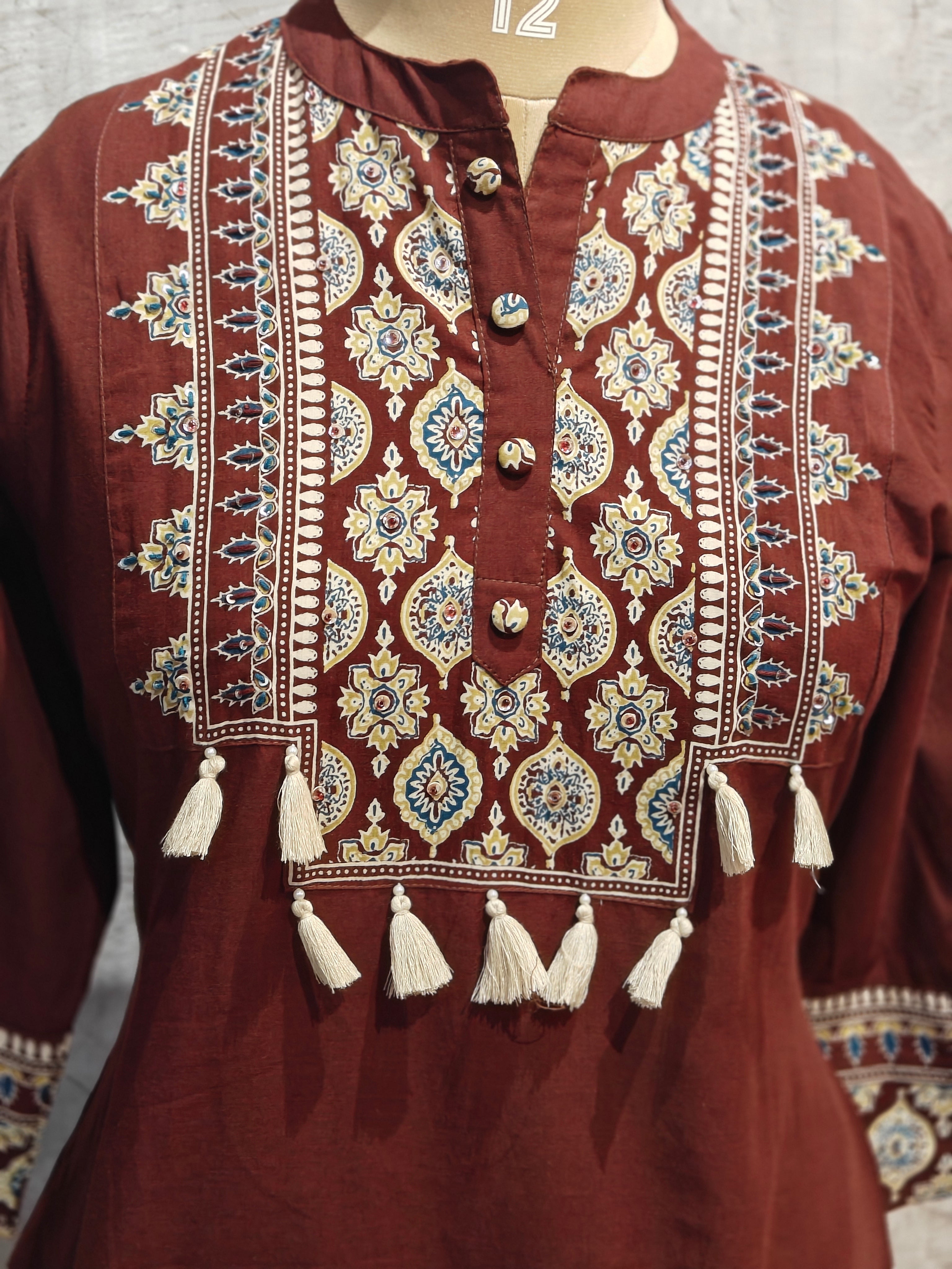 Maroon Cotton Airline Thread Embroidery Kurtha 131