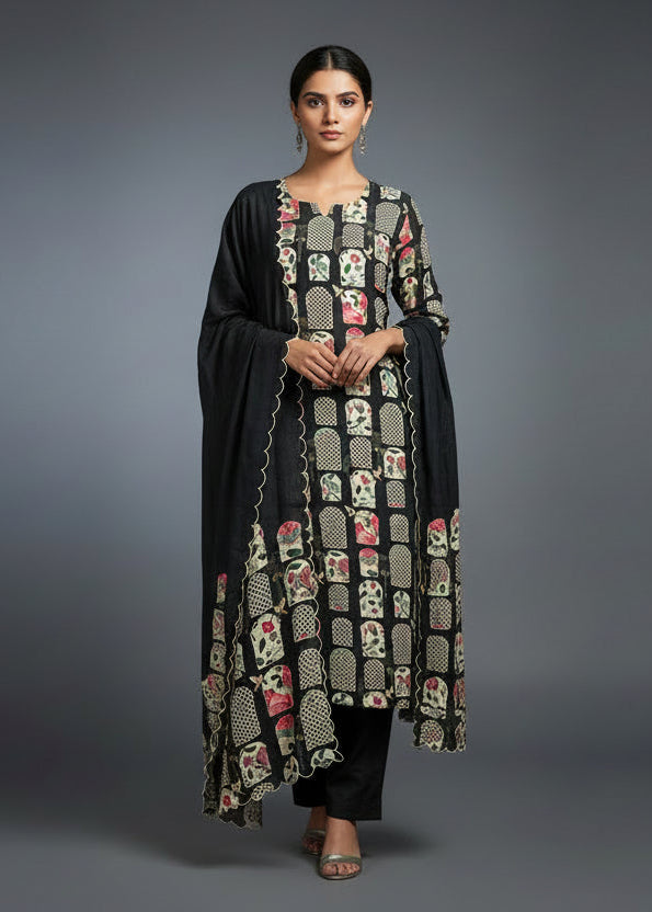 Black Satin Jamdani Work Straight Fit Plus Size Kurtha