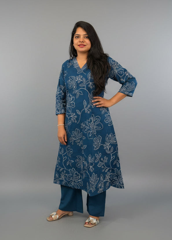 Blue  Cotton Hakoba Cord Set Kurtha 487