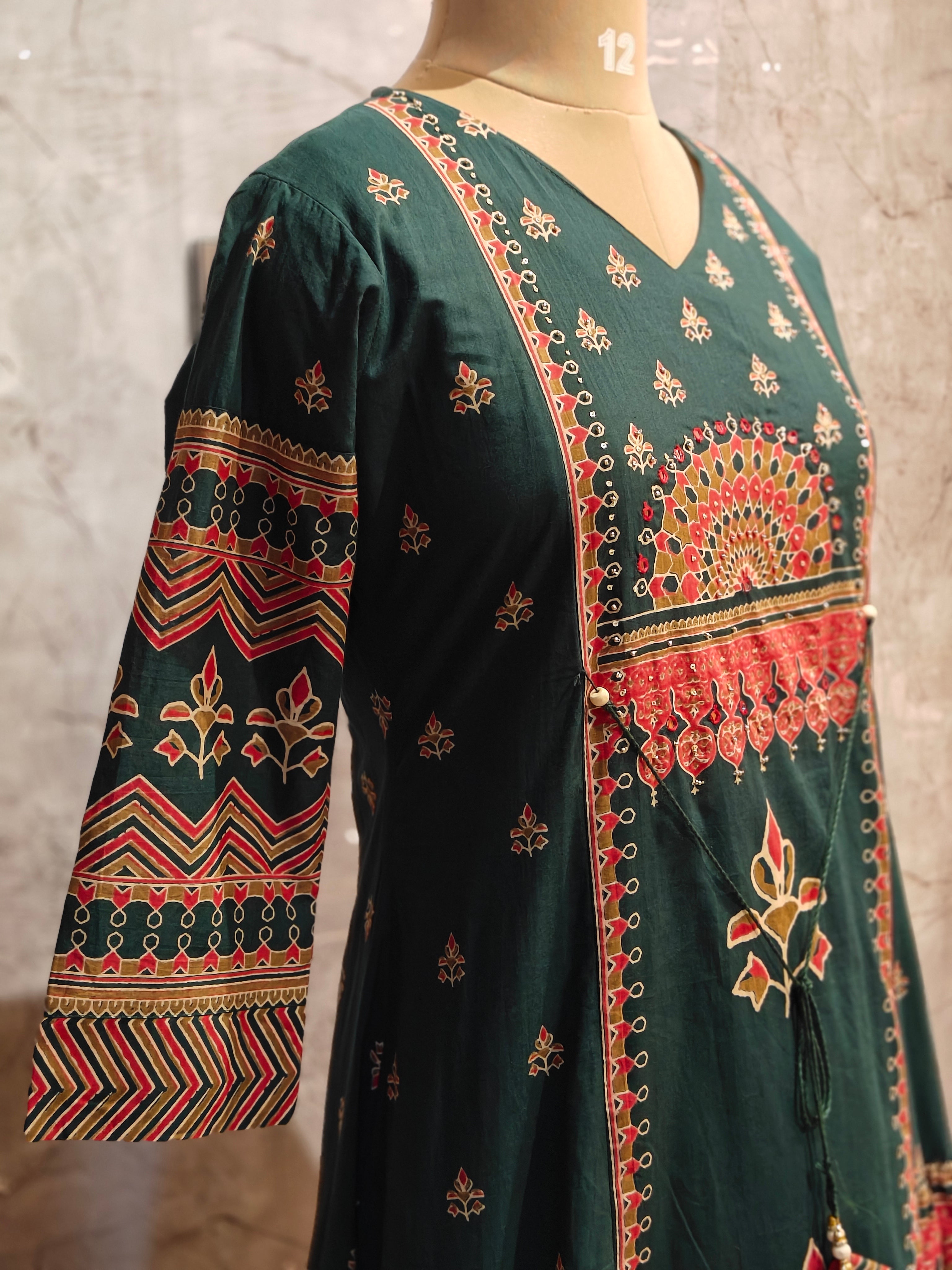 Bottle Green Mul Cotton Anarkali Kurtha