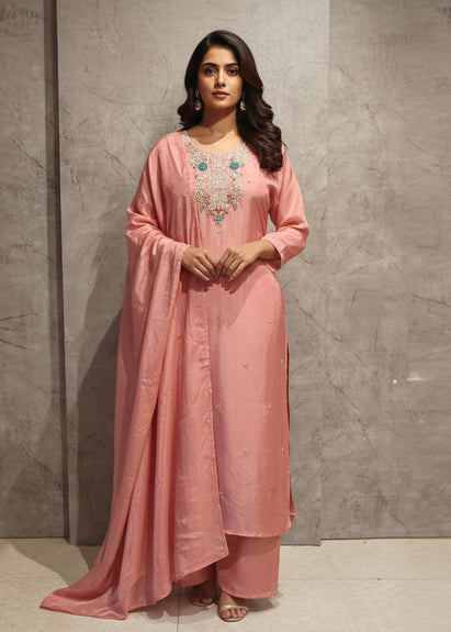 Pink Handwork Crepe Straight Fit Kurtha 691