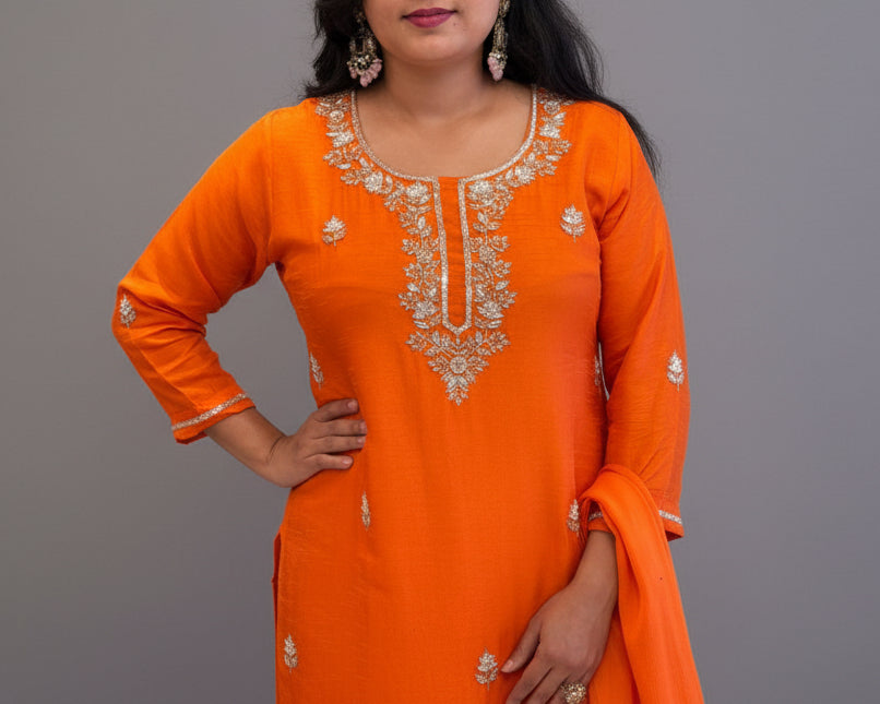 Orange Dola Silk Hand Embroidery Sharara Kurtha 301