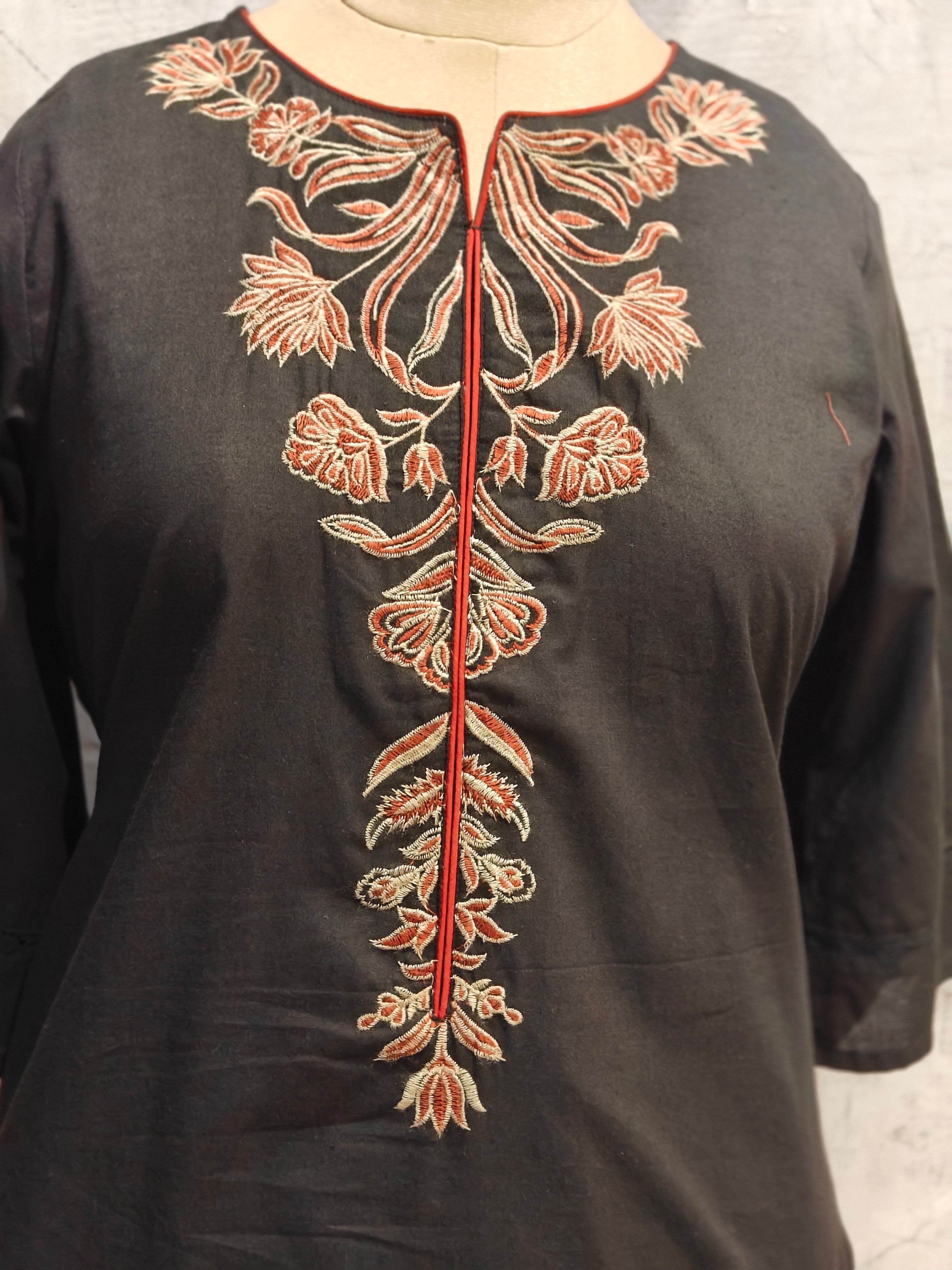 Black Cotton Thread Embroidery Straight Fit Kurtha 252