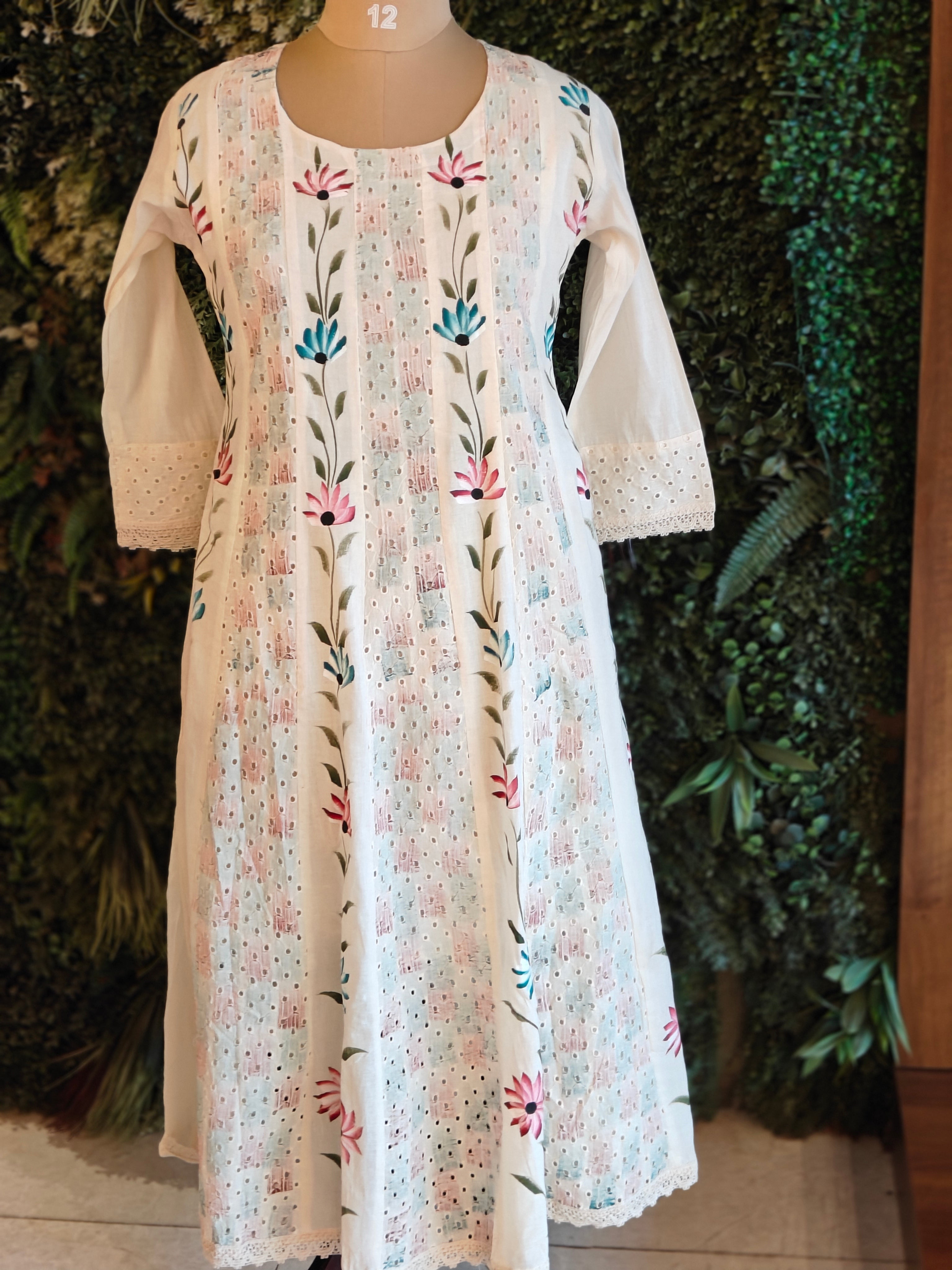 White Cotton Hacoba Work Anarkali Kurtha 459