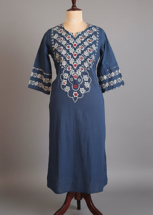 Navy Blue Cotton Straight Fit Block print Kurtha 643