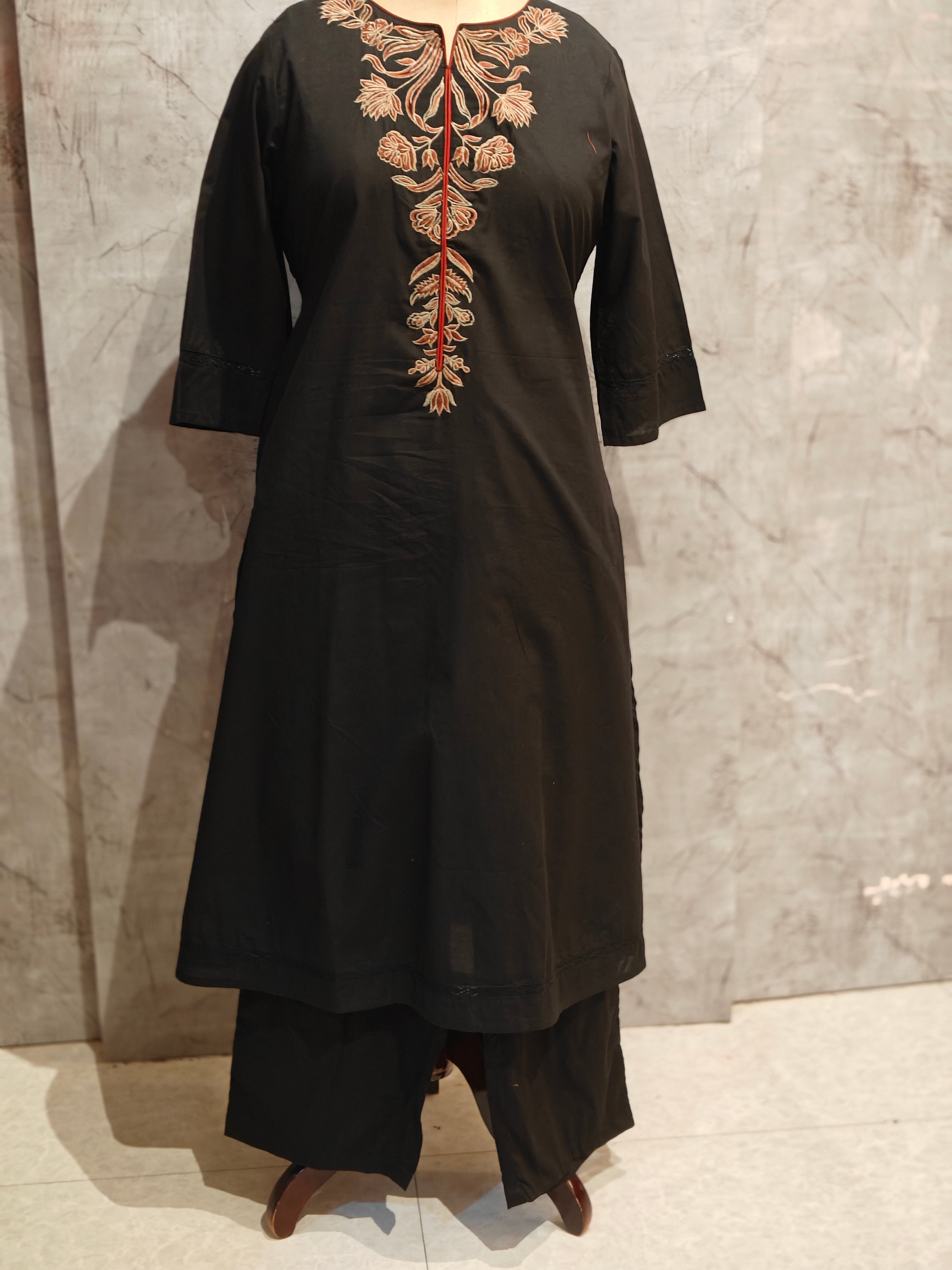 Black Cotton Thread Embroidery Straight Fit Kurtha 253
