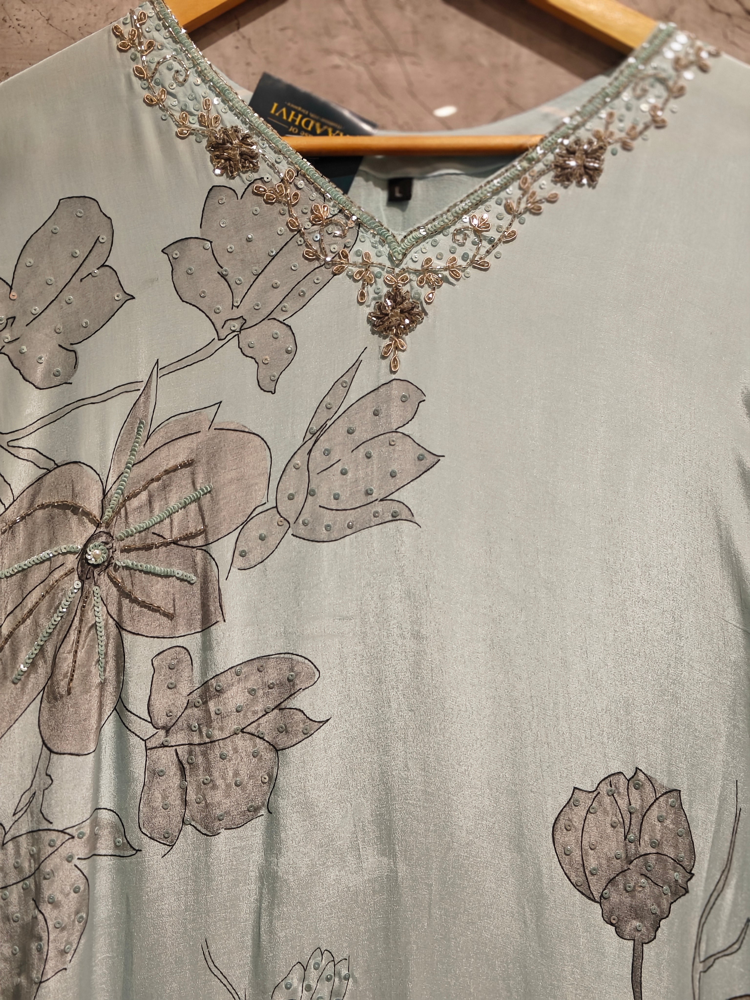 Blue Digital Print Handwork Crepe Kurtha 693